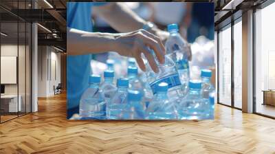 Volunteer gives out water bottles on a hot day, helping people stay hydrated and promoting community wellness Wall mural