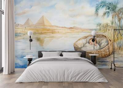 Watercolor painting of Baby Moses moses sleeping peacefully in a basket floating on the nile river Wall mural