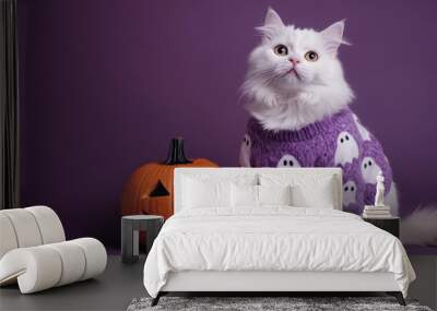 White cat in Halloween sweater   is sitting and looking up next to a carved pumpkin on a purple background Wall mural