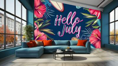 Background with a mix of summer elements like surfboards, hibiscus flowers, and watermelons on the sides, in the center the text 