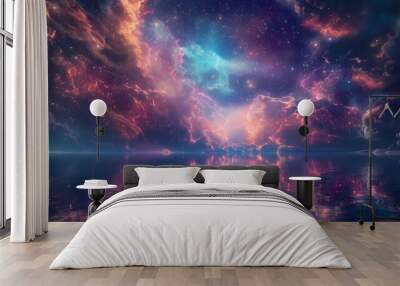 Space fiction illustrations of a lake and sky, stars and nebulae, ethereal reflections on the water, beauty of a surreal and otherworldly scene, sci-fi fantasy Wall mural