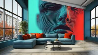 A close-up abstract digital portrait of a person with flowing layered textures on their face, illuminated by contrasting teal and red light.  Wall mural