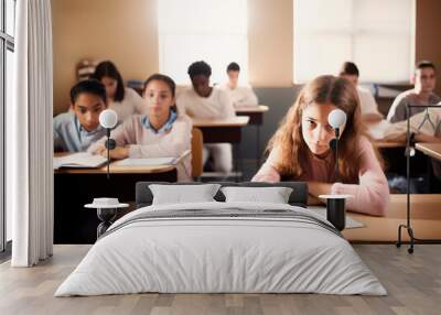 a girl sitting at a desk in a classroom looking bored. Wall mural