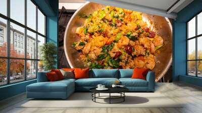 Prawn fried rice in a pan. Wall mural