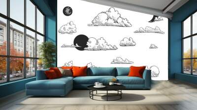 Detailed hand drawn black and white illustration set of clouds, sun, moon. sketch. Vector. Elements in graphic style label, card, sticker, menu, package. Wall mural