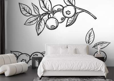 Hand drawn sketch black and white blueberry branch, fruit, leaf. Vector illustration. Elements in graphic style label, card, sticker, menu, package. Engraved style. Wall mural