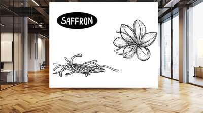 Hand drawn sketch black and white illustration of saffron flowers, crocus, leaf. Vector illustration. Elements in graphic style label, sticker, menu, package. Engraved style illustration. Wall mural