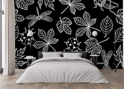 Seamless pattern - leaves and insects on a black background, white outline Wall mural