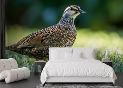 A close-up of a quail standing on a lush green meadow, captured in a rural farm landscape Wall mural