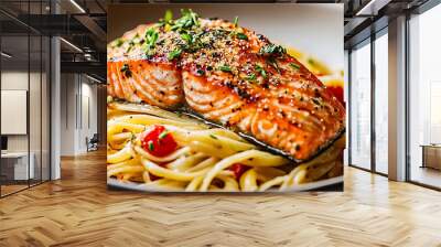 A gourmet dish featuring perfectly cooked spaghetti topped with a tender, grilled salmon fillet Wall mural