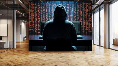 a person in a hoodie sitting at a desk with two laptops Wall mural