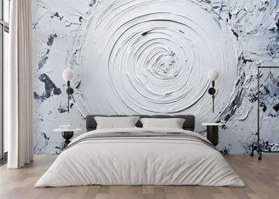 Abstract circular texture created with white and dark white acrylic paint. The thick brushstrokes in a swirling motion form a striking monochrome design with strong contrasts Wall mural