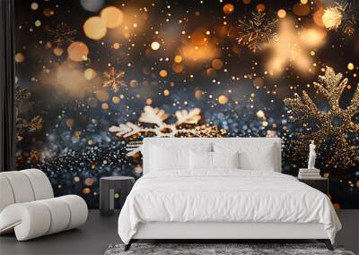 Abstract grey and gold light bokeh background with shimmering snowflakes, offering a minimalist yet festive aesthetic. Ideal for holiday projects and winter-themed designs. Wall mural