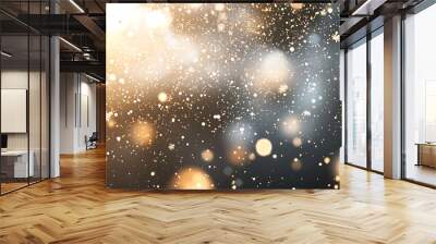 Abstract grey and gold light bokeh background with shimmering snowflakes, offering a minimalist yet festive aesthetic. Ideal for holiday projects and winter-themed designs. Wall mural