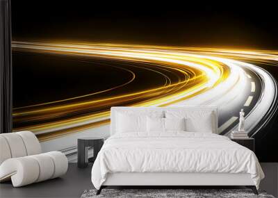 Abstract white and yellow light trails on a dark background Wall mural