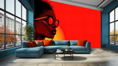 Afro hair African black woman illustration for fashion banner with copy space on red background.  generative ai Wall mural