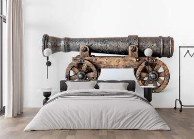 An ancient iron cannon mounted on wooden wheels, isolated against a white background. Wall mural