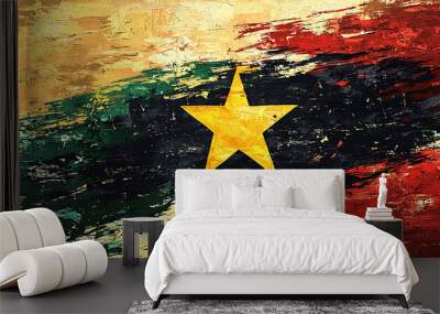 An artistic rendition of the Ghanaian flag, showcasing its vibrant red, yellow, and green colors with a prominent textured star at the center Wall mural