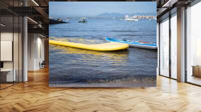 two stand up paddle boards on the sea water near the shore Wall mural