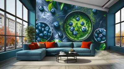 Blueberry matcha latte with vibrant green hue Wall mural