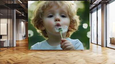 Child blowing bubbles in a sunny park Wall mural