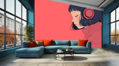 Chill Anime girl listening  lofi music with headphones background . generative ai Wall mural