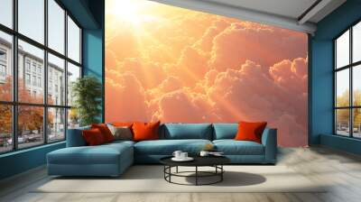 Cinematic shot of sun shining through clouds at golden hour Wall mural