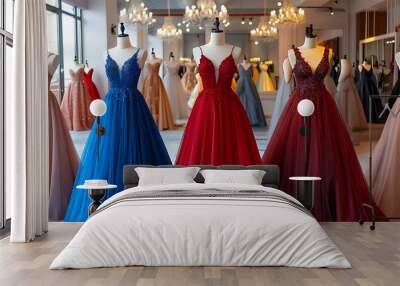 Colorfull Elegant wedding dresses for sale in modern shop boutique. Wall mural