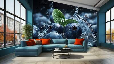 Fresh blueberry splashing in water with vibrant droplets Wall mural