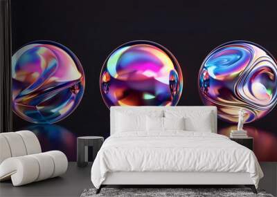 Holographic liquid metal sphere round shapes set isolated. Iridescent wavy melted substance isolated background. Wall mural