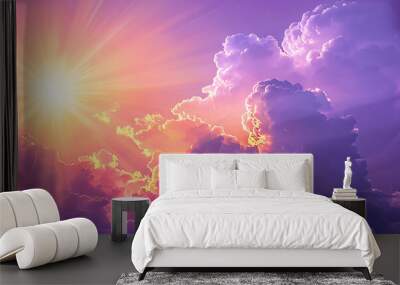 Hot summer or heat wave background, purple sky with clouds and glowing sun Wall mural