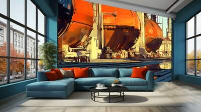 Oil refinery with massive tanks and pipelines Wall mural