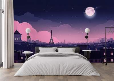 Paris city moon night illustration with all the building city panorama cityscape, horizon buildings.  generative ai Wall mural