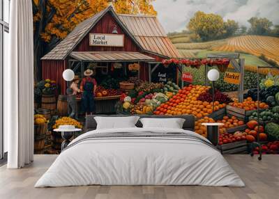 A couple preparing a meal together in a sunlit kitchen, surrounded by fresh produce and rustic décor Wall mural