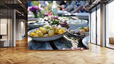 Fresh outdoor summer dining with a variety of dishes in warm sunlight. Outdoor midsummer feast, Sweden Wall mural