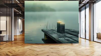 Two candles are lit on a wooden pier next to a body of water Wall mural