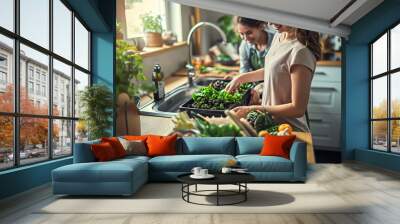 Two young women enjoy preparing a healthy meal together using fresh, organic vegetables in a modern, sunlit kitchen. Emphasizing sustainable living and home cooking. Wall mural