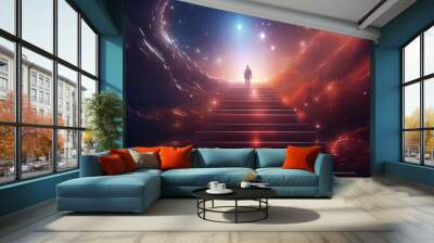 renderização 3D de um homem brilhante subindo os degraus no espaço astral Wall mural