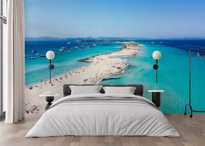 Aerial view of the beaches of Ses Illetes on the island of Formentera in the Balearic Islands, Spain - Turquoise waters on both sides of a sand strip in the Mediterranean Sea Wall mural