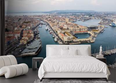 Aerial view of the old town of Sete in the South of France - Downtown island between two canals along the Mediterranean Sea Wall mural