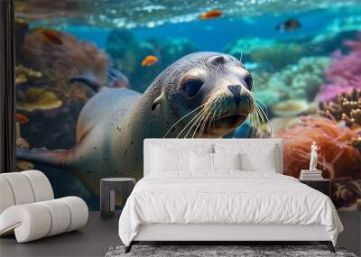 Sea Lion Underwater Swimming Among Colorful Coral Reefs and Tropical Fish. Wall mural