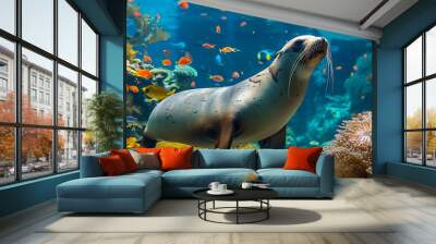 Sea Lion Underwater Swimming Among Colorful Coral Reefs and Tropical Fish. Wall mural