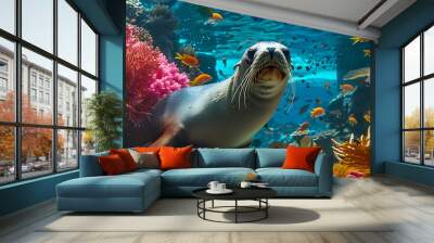 Sea Lion Underwater Swimming Among Colorful Coral Reefs and Tropical Fish. Wall mural