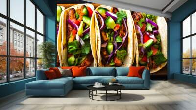 Tacos filled with colorful vegetables and salsa Wall mural