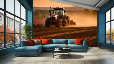 Tractor drives across large field  Agricultural vehicle working at sunset, golden hour.  generative ai Wall mural