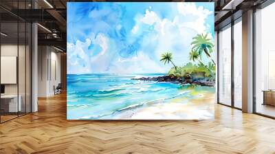 Watercolor painting of  Beautiful tropical beach sand with coconut. Wall mural