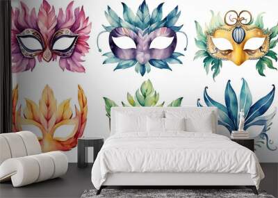 watercolor set of carnival mask elements collection clipart . generative ai Wall mural