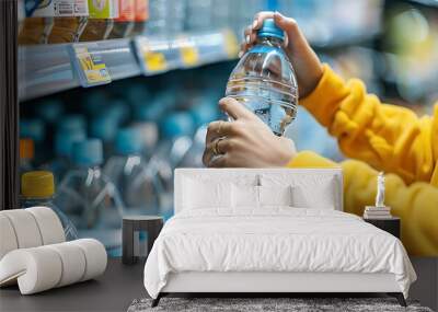 Woman hand taking plastic water bottle from shelf in supermarket. Wall mural