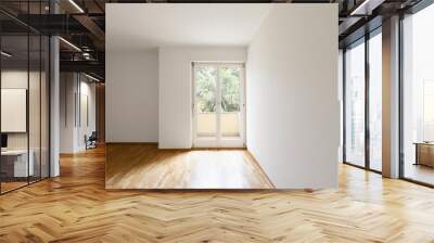 Empty room with parquet. Bright window with a view of nature Wall mural