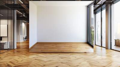 Empty white room with light parquet and window overlooking Lake Maggiore Wall mural